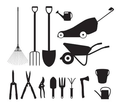 Garden Tools, Instruments Flat Icon Collection Set. Shovel, buck Stock Illustration