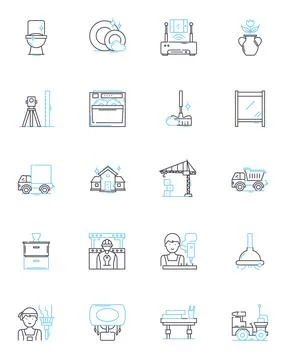 Garden tools linear icons set. Spade, Hoe, Pruner, Shears, Rake, Trowel, Shovel Illustrazione stock