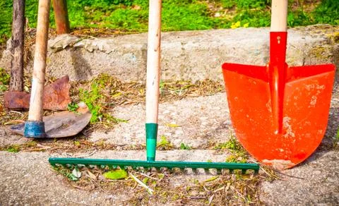 Garden tools outside Stock Photos