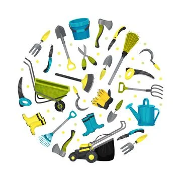 Garden Tools Round Composition with Handy Instrument Vector Template Stock Illustration