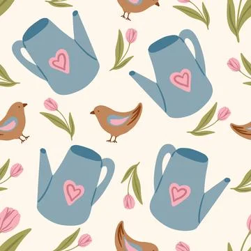 Garden tools seamless pattern. Vector of spring elements. Birds and watering can Illustrazione stock