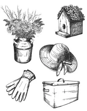 Garden tools set, hand drawn illustrations, vector Stock Illustration