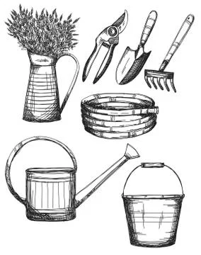Garden tools set, hand drawn illustrations, vector Stock Illustration