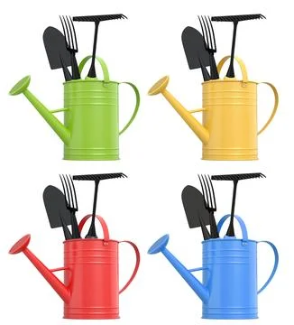 Garden tools like shovel, fork, and rake inside red, blue, yellow, and green  Stock Illustration