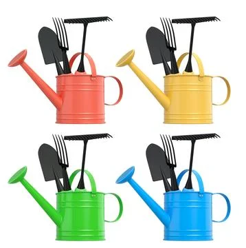 Garden tools like shovel, fork, and rake inside red, blue, yellow, and green Stock Illustration