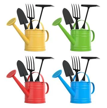 Garden tools like shovel, fork, and rake inside red, blue, yellow, and green  Stock Illustration