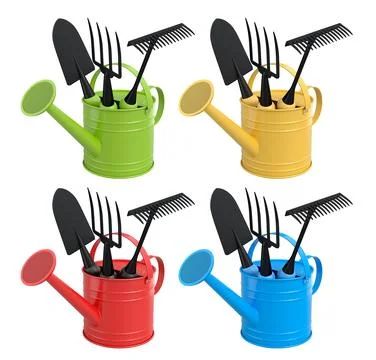 Garden tools like shovel, fork, and rake inside red, blue, yellow, and green  Stock Illustration