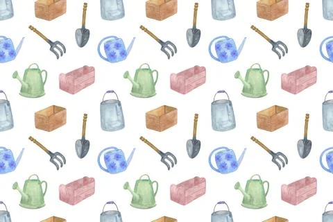 Garden tools simple hand drawn watercolor repeat pattern, seamless ornament Stock Illustration