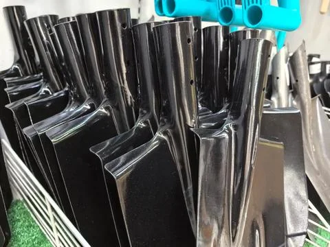 Garden tools for spring planting displayed at a local hardware store Stock Photos
