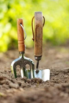 Garden tools stuck in soil 스톡 사진