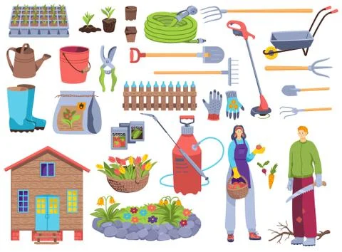 Garden tools vector illustration set, cartoon flat man woman gardener character Illustrazione stock