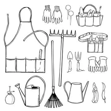 Garden tools. Vector sketch  illustration. Stock Illustration