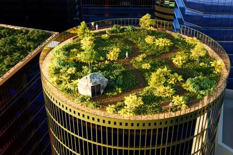 A garden on top of a skyscraper with paths that invite you to walk and brea.. Stock Illustration