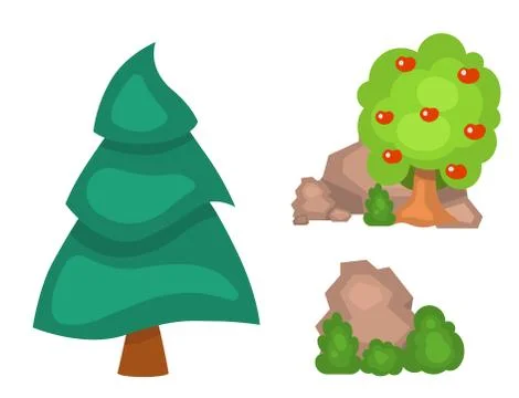Garden trees vector flowers grass game park elements illustration nature forest Ilustração Stock