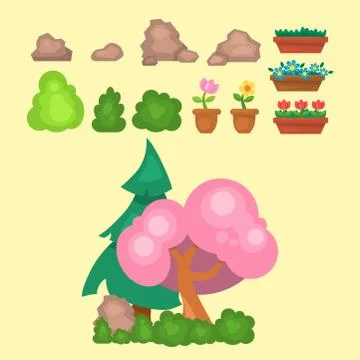 Garden trees vector flowers grass game park elements illustration nature forest Stock Illustration