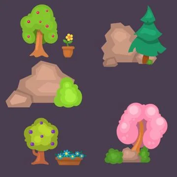 Garden trees vector flowers grass game park elements illustration nature forest Ilustração Stock