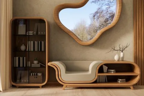Garden view irregular shape window on living room wall over a creative tabl.. Foto stock