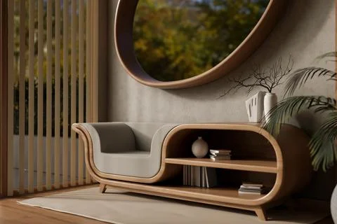 Garden view oval shape window on wall over multifunction wood bookshelf tab.. Stock Illustration