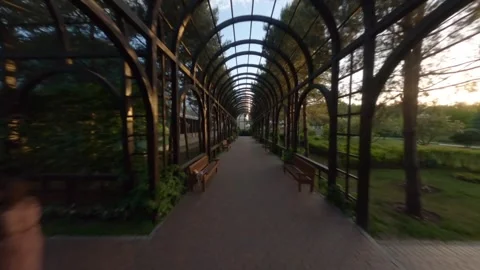 Garden, Walking in vegetable tunnel, Tracking shot along path beneath arches at  Stock Footage 273720223