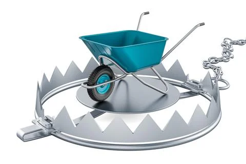 Garden wheelbarrow inside bear trap, 3D rendering Stock Illustration
