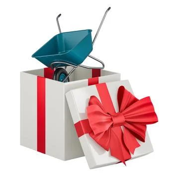 Garden wheelbarrow inside gift box, 3D rendering Ilustración de archivo