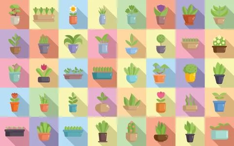 Garden on a windowsill icons set flat vector. Apartment blossom plant Illustrazione stock