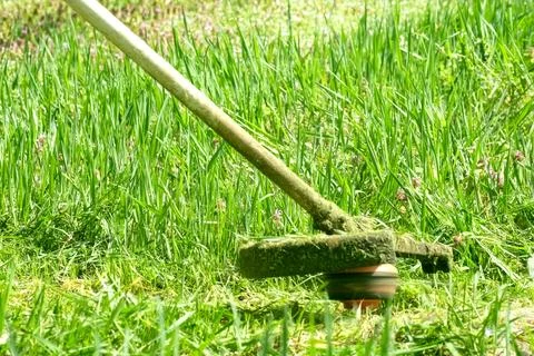 Garden work concept. Mowing grass with electric lawn mower. Man mows the grass Stock Photos