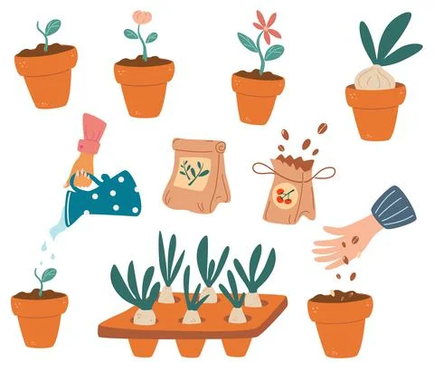 Garden work elements set. Bundle of equipment for agricultural work, plant cu Stock Illustration