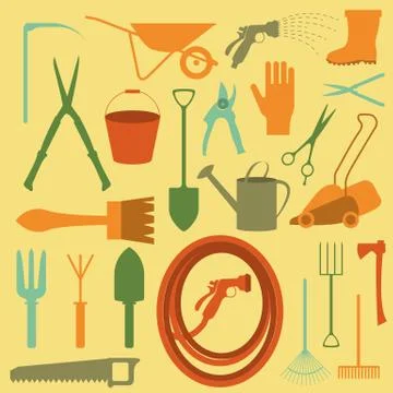 Garden work icon set. Working tools Stock Illustration