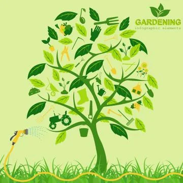 Garden work infographic elements. Working tools set. Illustrazione stock