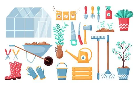 Garden work instruments. Cartoon tools for horticulture and cultivation, farm Stock Illustration