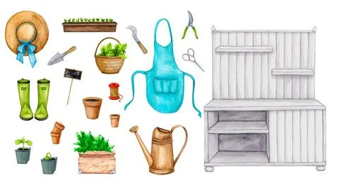 Garden work. Set of watercolor elements. イラスト素材