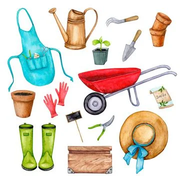 Garden work. A set of watercolor elements. Stock Illustration