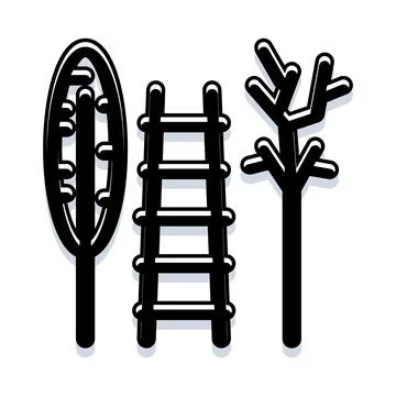 Garden work tools with trees black outlines Illustrazione stock