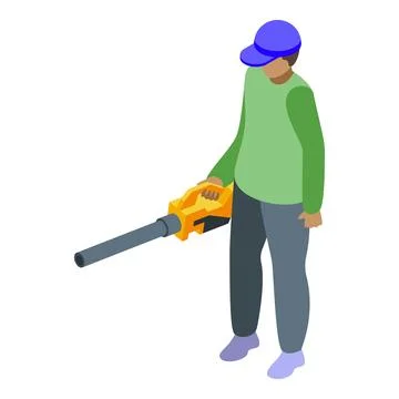 Gardener cleaning using leaf blower in the garden during autumn Stock Illustration