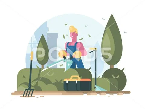 Gardener cuts green bush Stock Illustration