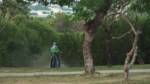 Gardener cuts a green lawn in a tropical park stock footage video Stock Footage