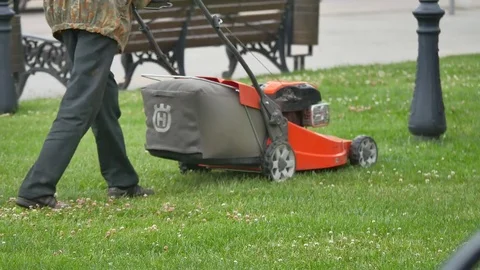 Gardener cutting the grass of a garden seated on a lawn mower Stock Footage