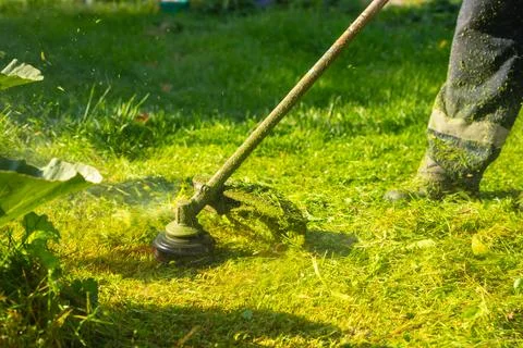 Gardener cutting grass with string trimmer. Man using lawn mower tool to trim Stock Photos