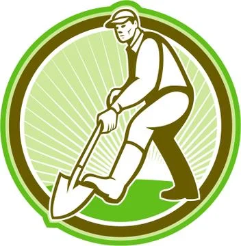 Gardener landscaper digging shovel circle Stock Illustration