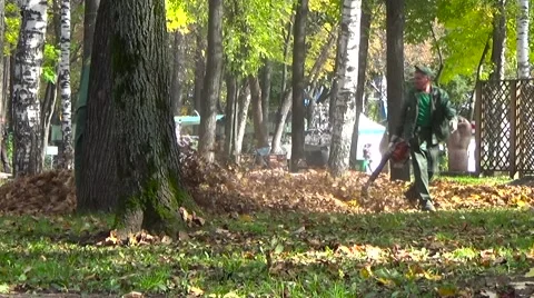 Gardener with a leaf blower in the park Stockbeeldmateriaal 54741572