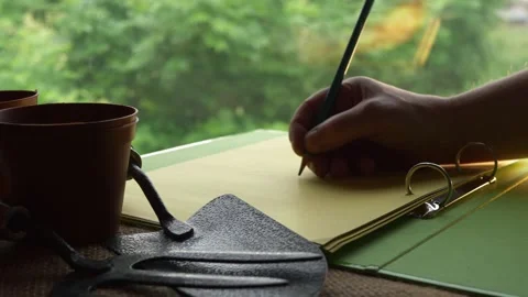 Gardener making notes and plans for garden Stock Footage 157002520