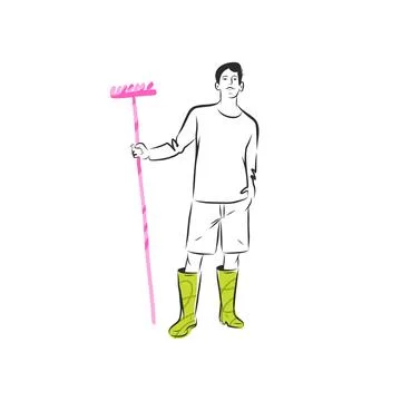 Gardener Man Holding Rake, Hand Drawn Vector Illustration of Gardening, Garden Stock Illustration