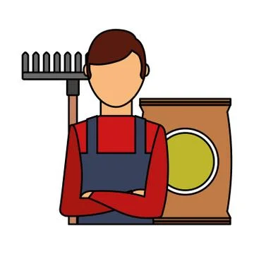 Gardener man with rake and soil sack gardening Illustrazione stock