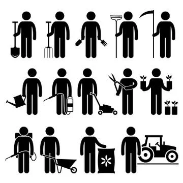 Gardener Man Worker using Gardening Tools and Equipments Stick Figure Pictogram  イラスト素材