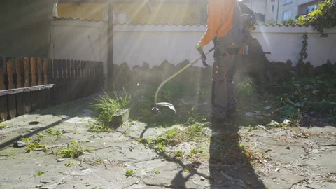 Gardener mowing grass in the backyard with trimmer machine Stock Footage 143241506
