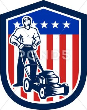Gardener mowing lawn mower flag retro Stock Illustration