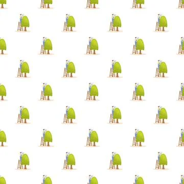 Gardener pruning a tree on a ladder seamless pattern Stock Illustration