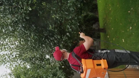 Gardener spraying trees with insecticide using professional sprayer Stock Footage 289743500