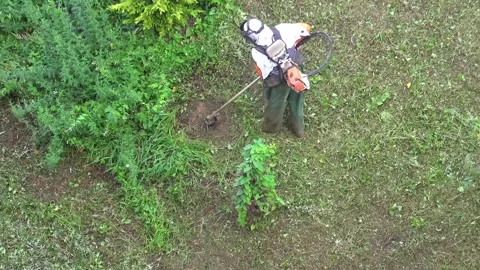 Gardener trimming grass with string trimmer on green outdoor garden slope area 스톡 동영상 339390815